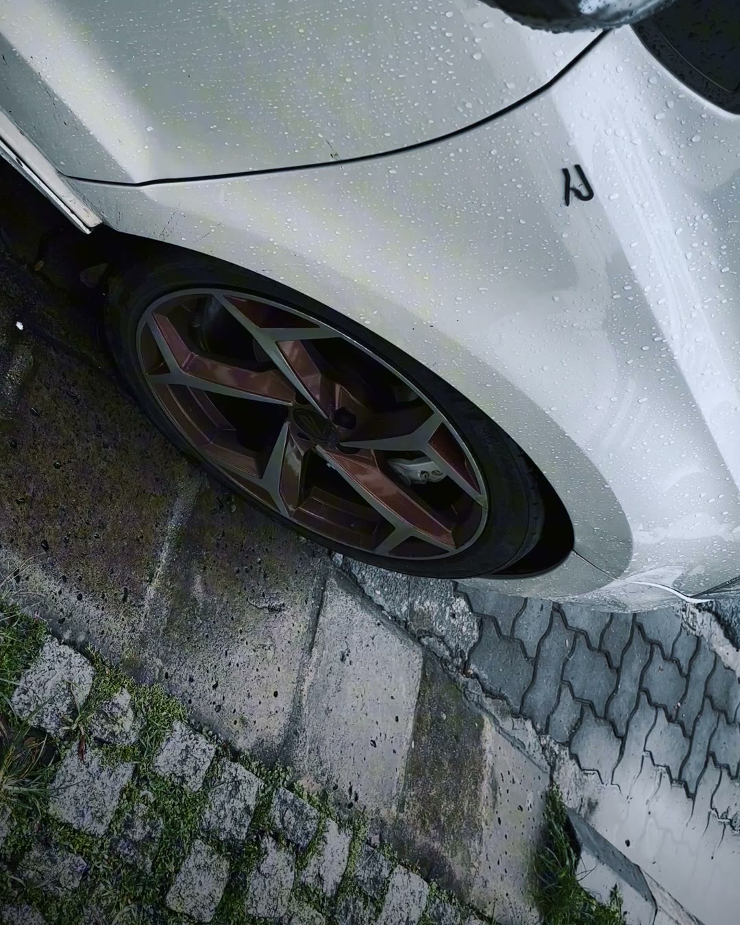 Close-up of a Volkswagen Polo GT wheel and side panel covered in rain.